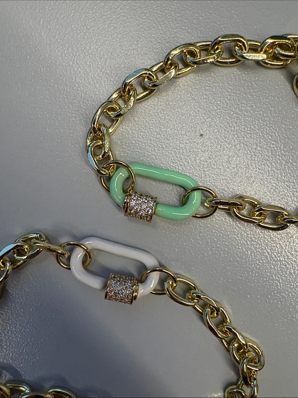 Set of 2 - Gold Chain Bracelet w/ Pastel Green and White Enamel Carabiner (7 in)